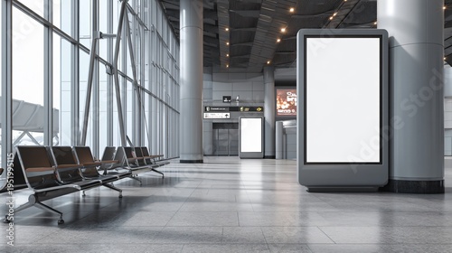 Modern airport terminal interior with empty advertisement billboard
