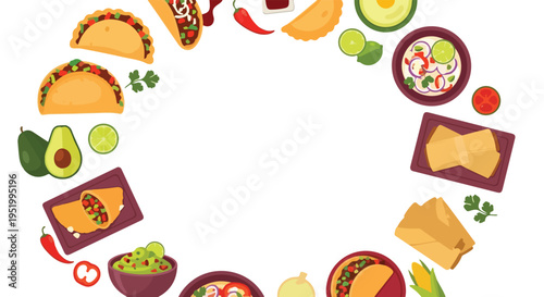 A vibrant vector illustration showcases a variety of traditional Mexican dishes and fresh ingredients, forming an inviting oval frame on a white background.