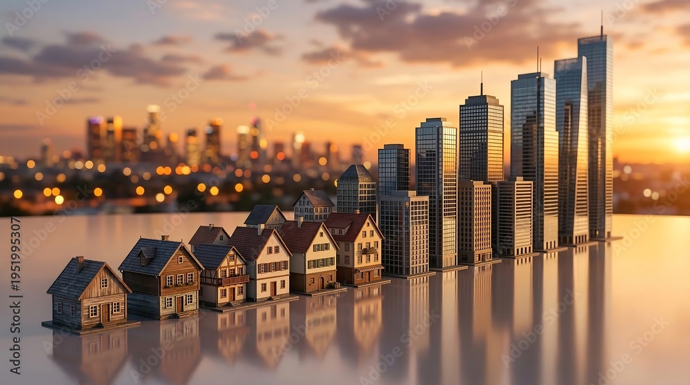 Obraz premium Miniature Houses and Skyscrapers – Urban Growth and Real Estate Housing Concept at Sunset.