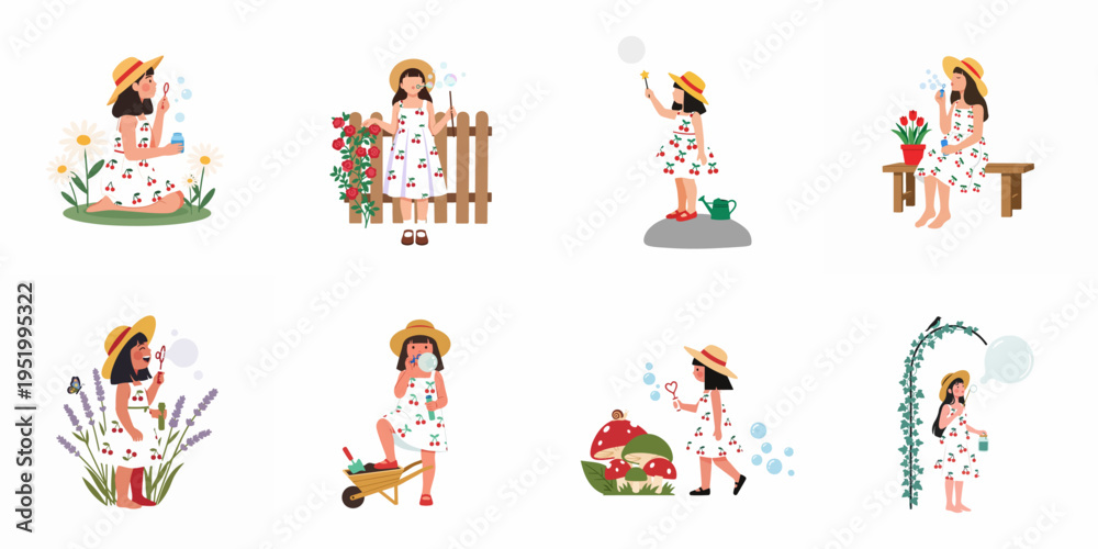 Fototapeta premium Collection of cute little girl character illustrations blowing bubbles, playing in a garden, wearing a cherry print dress and straw hat.
