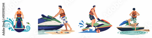 Set of vector illustrations featuring a man enjoying water sports activities with a jet ski on the beach and in the ocean.