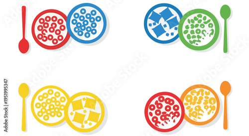A vibrant vector illustration showcases four pairs of colorful breakfast cereal bowls, each with a matching spoon, featuring various cereal shapes and hues.