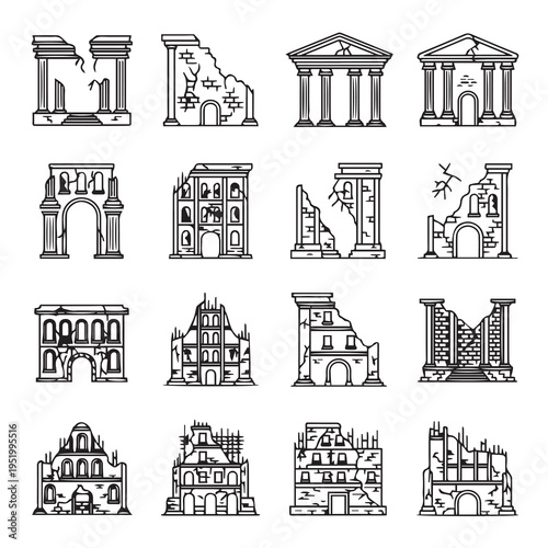 Ancient Ruined Buildings Collection: Architectural Fragments and Collapsed Structures Line Art Icons