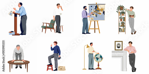Flat Vector Illustration Set of Professional Men in Vintage Mid-Century Styles Engaged in Academic, Business, and Intellectual Activities on White Background