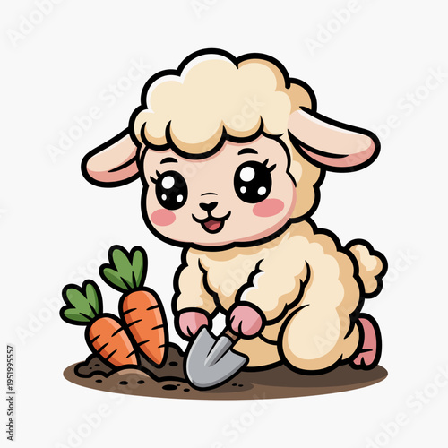 A cartoon sheep is happily digging in a garden with a small shovel.