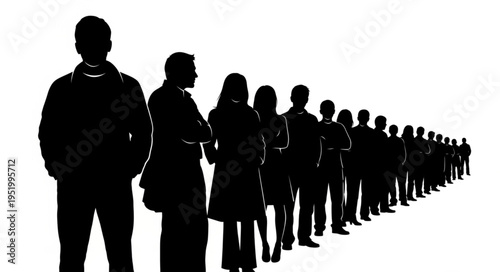 Silhouette of a Long Line of People Waiting.