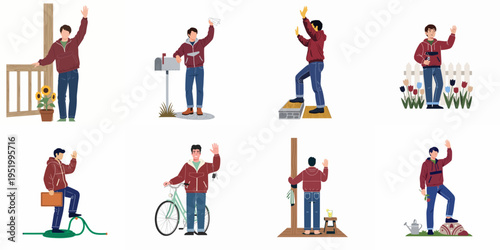 Collection of illustrations featuring a friendly young man waving goodbye or greeting in various suburban domestic scenes around his home and garden.