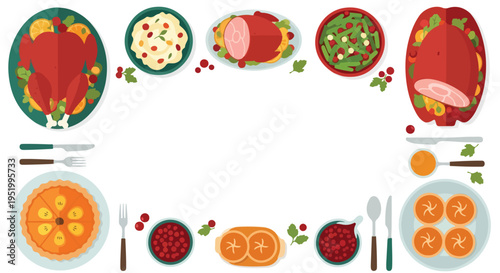 A festive spread of Thanksgiving dinner items like turkey, ham, pies, and side dishes arranged in a decorative border around a white space.