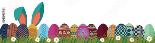 Easter banner illustration with colorful patterned eggs and bunny ears peeking from green grass with daisies for spring seasonal greeting card or web header isolated on white background