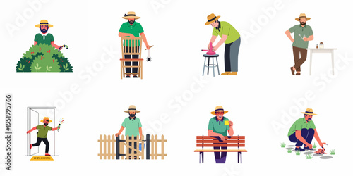 Set of vector illustrations featuring a man in a straw hat participating in various everyday activities, hobbies, and household chores.