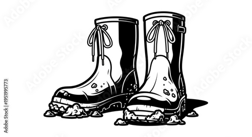 Muddy Rubber Boots Illustration - Protective Footwear for Outdoor Adventures.