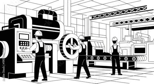 Factory Workers Operating Machinery in Industrial Setting.