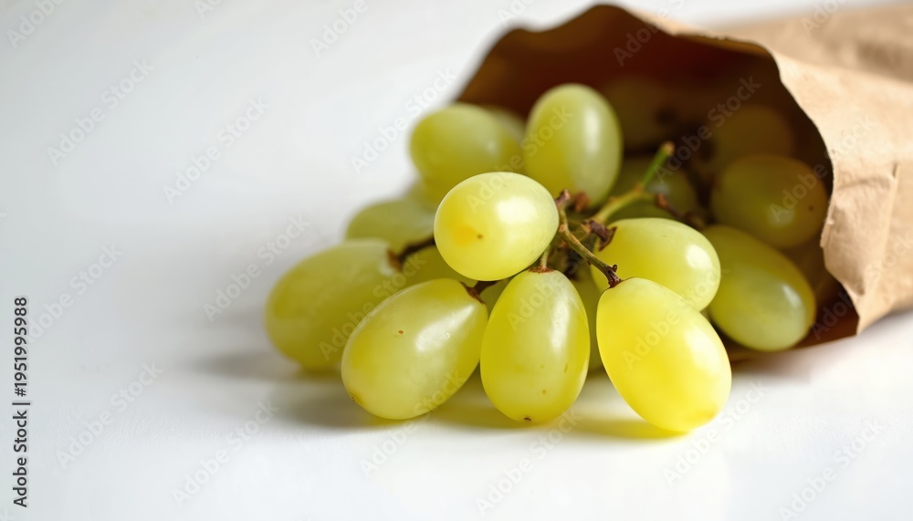 Fototapeta premium Ripe yellow grapes spill from a brown kraft paper bag. The close-up view highlights the fresh fruit on a clean white surface. This natural snack is perfect for healthy eating and culinary themes.