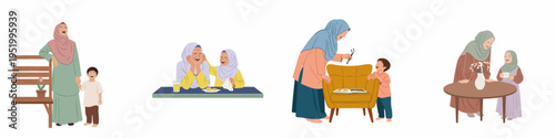 Vector illustrations set of happy Muslim grandmothers bonding and spending quality time with their grandchildren in various domestic scenes, isolated on white.