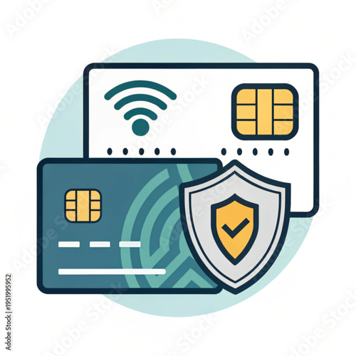 Secure credit card transaction illustration with a shield icon and contactless payment symbol