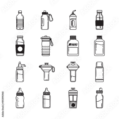 Assorted Beverage Containers Collection Line Art Icons