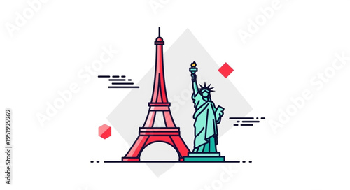 Eiffel Tower and Statue of Liberty - Iconic Landmarks in Vector Art.