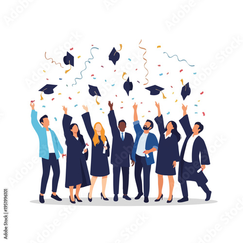 Diverse graduates in caps and gowns toss hats and diplomas in celebratory confetti