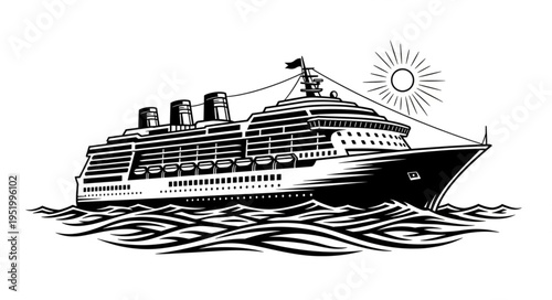 Monochrome Illustration of a Cruise Ship Sailing on the Ocean Waves.