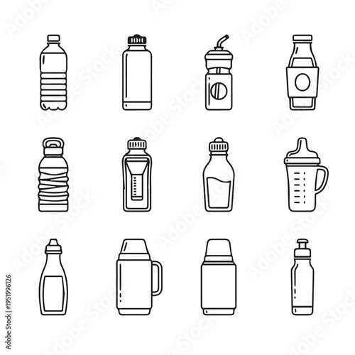 Assorted Drink Bottles Collection Various Container Types Outline Icons