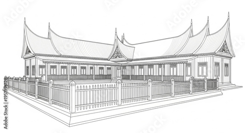 Detailed architectural sketch of a traditional Thai building.