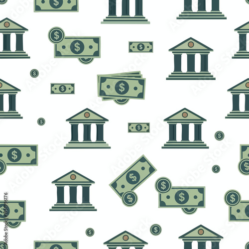Repeating pattern of classical bank buildings, money bills, and coins with dollar signs
