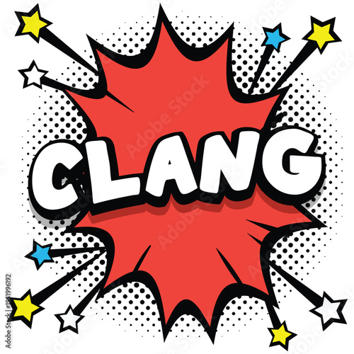 A vibrant comic book style illustration of the word CLANG in a red explosion