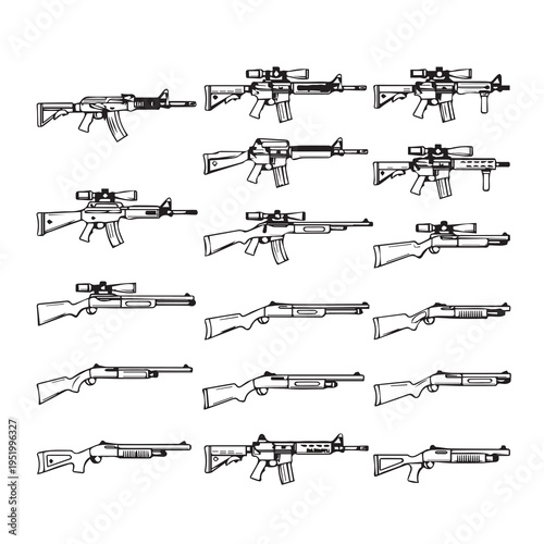 Assorted Rifles and Shotguns with Scopes Vector Line Art Isolated