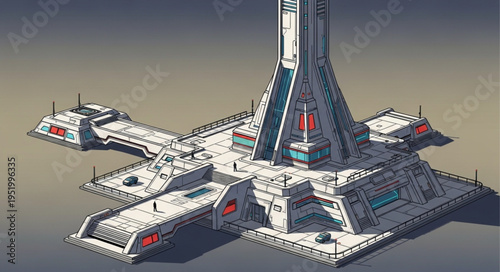 Futuristic City Base with Tower and Landing Platforms.