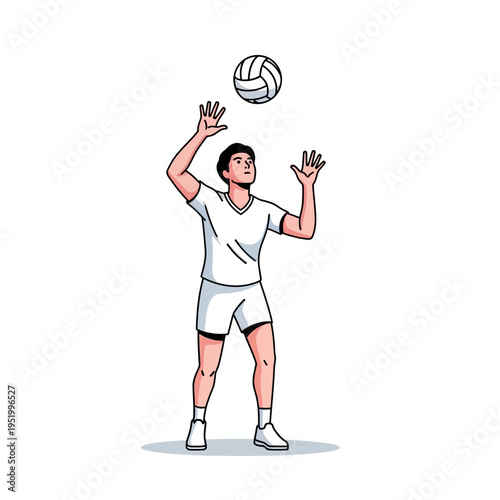 Young Man Playing Volleyball, Serving Ball Mid-Air, Athletic Action, Sports Illustration