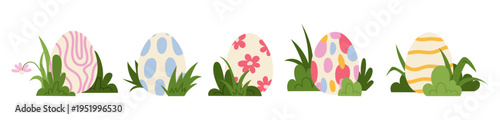 Set cute Easter eggs decorated with pastel patterns and spring flowers, arranged with green grass. For Easter greeting cards, holiday decorations, packaging and seasonal designs.