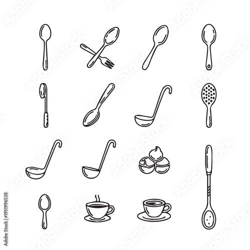 Assortment of Spoon and Ladle Icons with Coffee Cups and Nuts Black and White Line Art