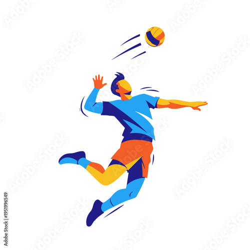 Dynamic Volleyball Player Jumping and Spiking Ball - Colorful Illustration