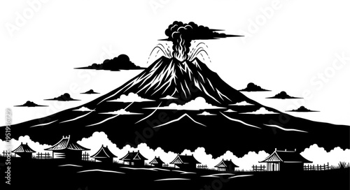 Dramatic Volcano Eruption Overlooking a Village in Black and White.