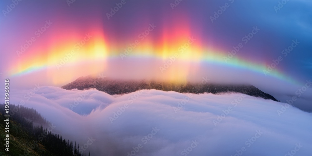 Fototapeta premium Dramatic landscape features vibrant aurora borealis above cloud sea. Mountains silhouette against colorful sky, creating stunning view.