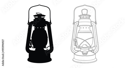 Two vintage kerosene lanterns depicted in contrasting styles a silhouette