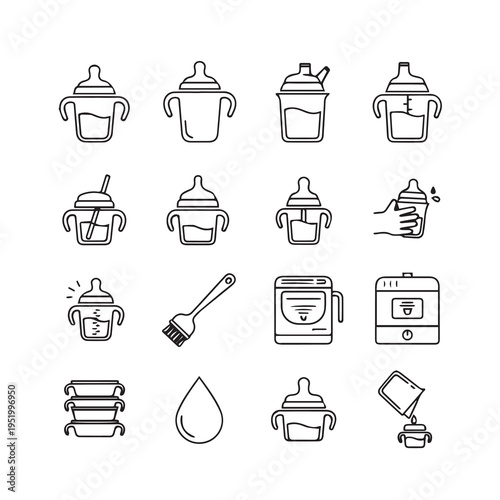 Baby Feeding Icons: Sippy Cups Bottles Sterilizer Cleaning Brush Food Containers Liquid Drop