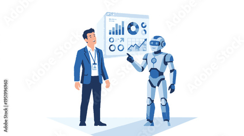 Businessman and robot analyzing data charts in modern office setting with blue tones