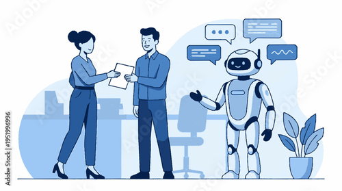 Robot interacts with business colleagues in office setting with speech bubbles