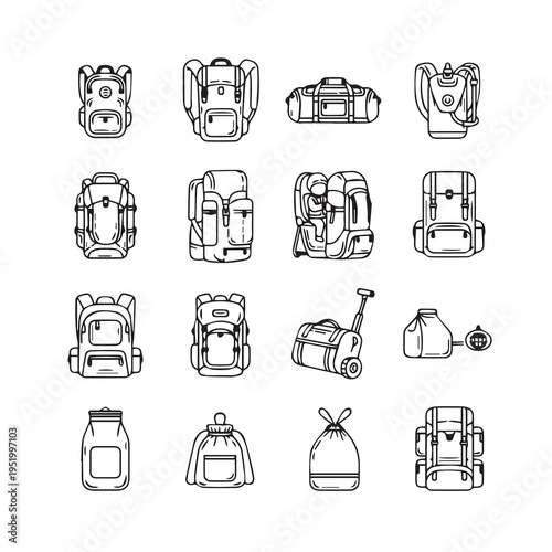 Backpack Collection Icons SetVarious Styles of Luggage and Travel Bags