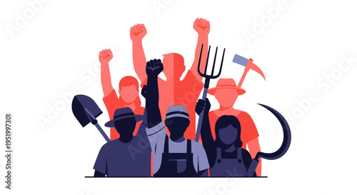 Vector illustration of farm workers and laborers showing solidarity and celebration on Cesar Chavez Day with raised fists and tools in a powerful team gesture