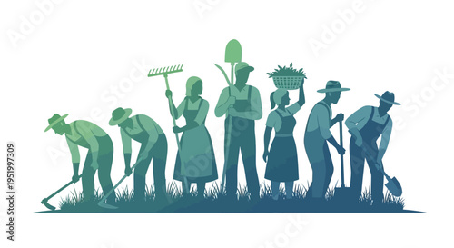 Vector illustration of diverse farm workers in solidarity, celebrating Cesar Chavez Day with silhouettes of people working together in a field with farm tools, conveying a sense of teamwork
