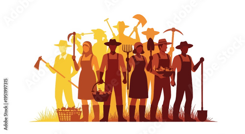 Vector illustration of diverse farm workers in solidarity, celebrating Cesar Chavez Day with tools, conveying teamwork and farm labor rights in a vibrant, orange-toned design
