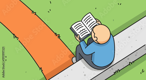 cartoon man reading book sitting on sidewalk curb outdoors