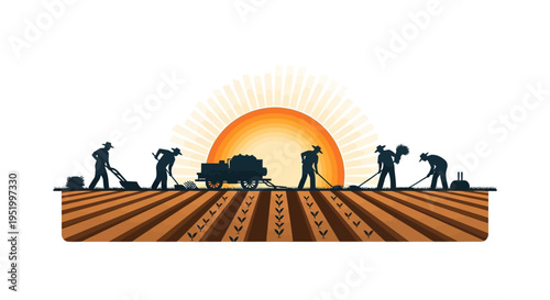 Vector illustration of farm workers in silhouette celebrating Cesar Chavez Day with a solidarity poster and teamwork in a farm field at sunset