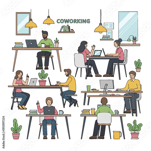 Diverse people work on laptops and computers at desks in a modern, bright coworking space