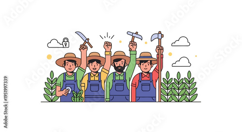 Vector illustration of four farm workers in solidarity, celebrating Cesar Chavez Day with raised fists and tools, surrounded by plants and clouds with a colorful and lively mood