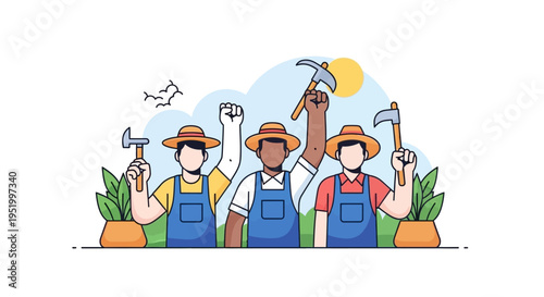 Vector illustration of three farm workers in solidarity, celebrating Cesar Chavez Day with tools and raised fists in a vibrant, sunny scene