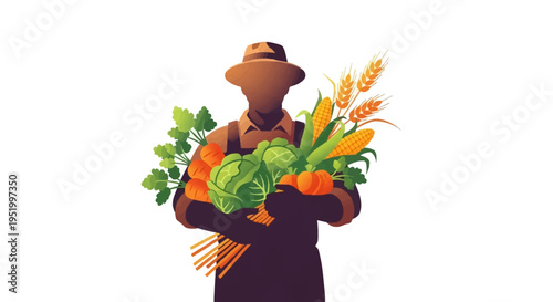 Vector illustration of a farm worker holding various vegetables and grains, symbolizing farm labor and worker solidarity on Cesar Chavez Day with a strong, earthy tone