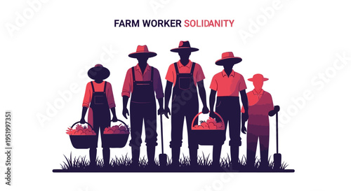 Vector illustration of farm workers in solidarity celebrating Cesar Chavez Day with a group of people in silhouette